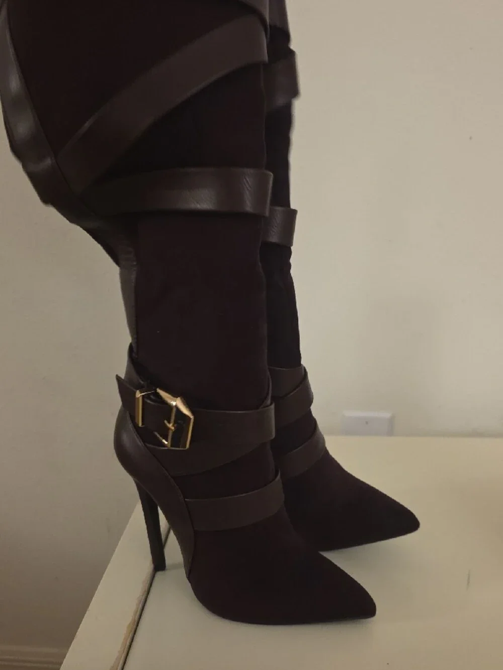 Knee-High Strappy Brown Suede Women's Boots